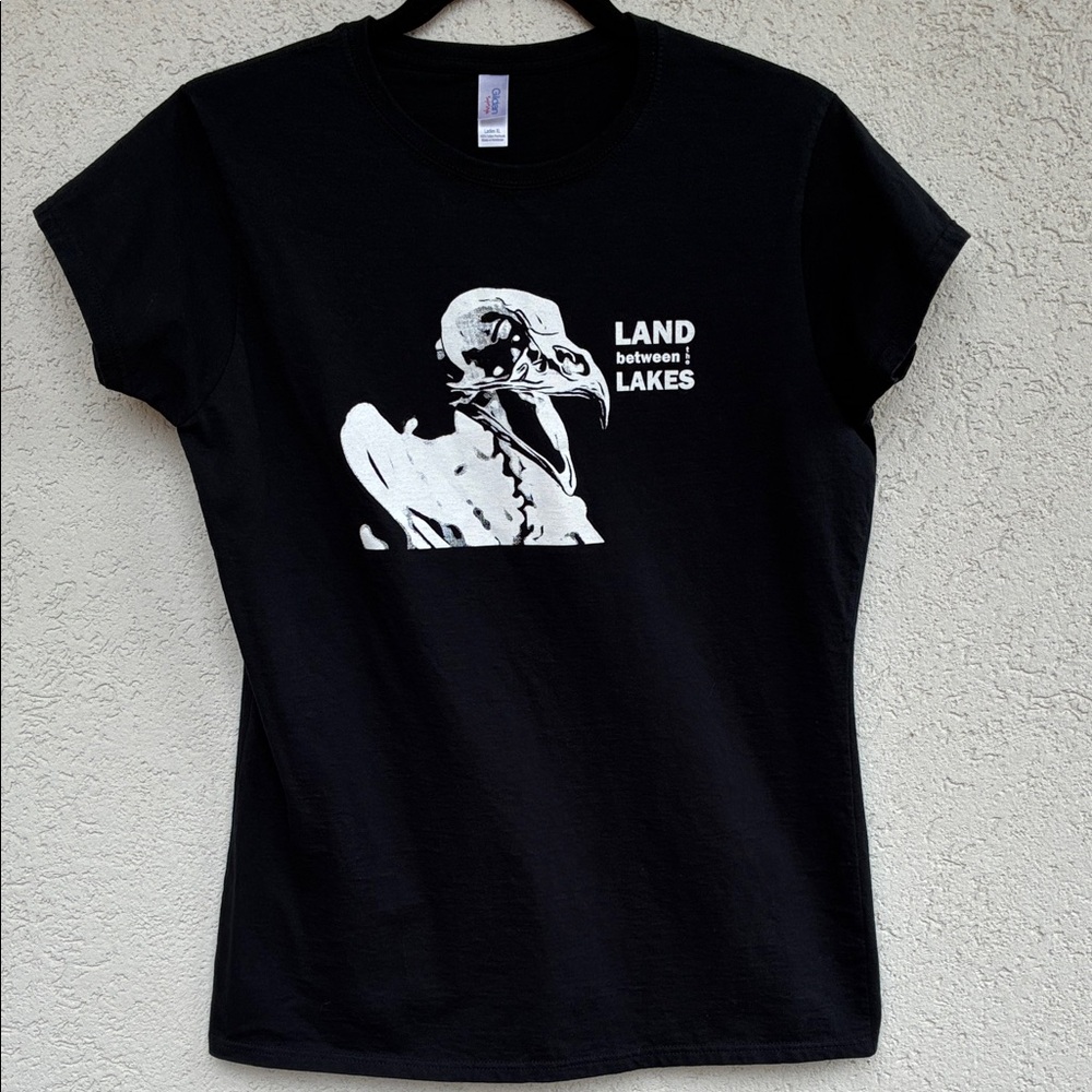 Land between the Lakes T shirt. Black with white bird bones graphic
